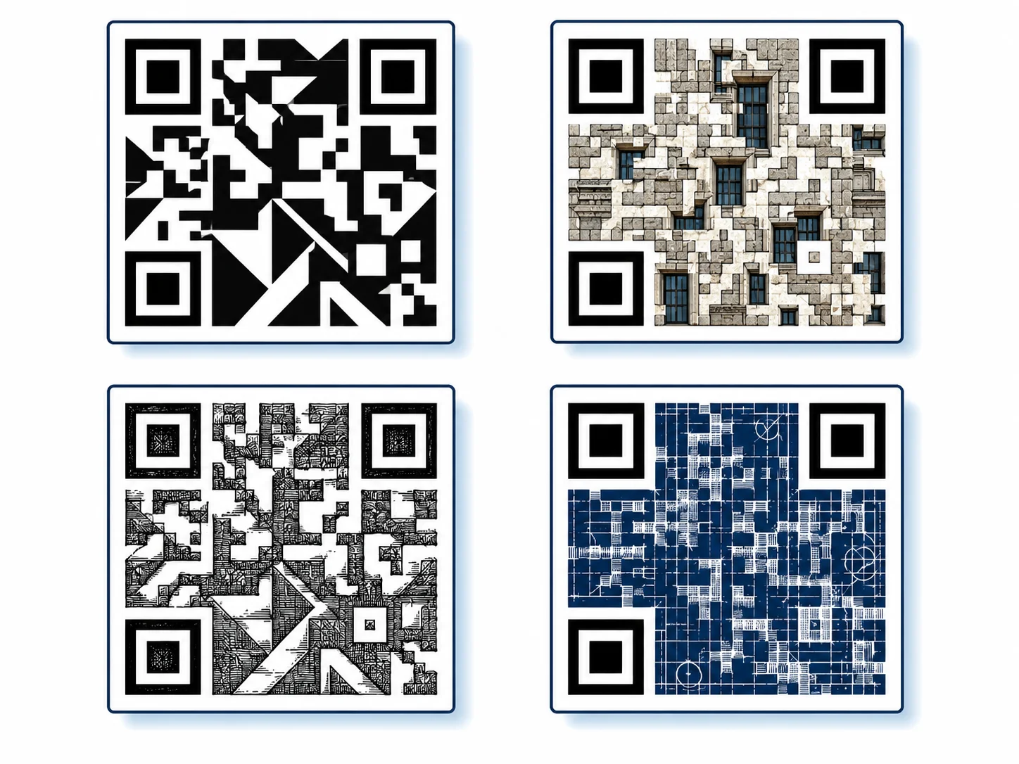 Four AI QR code style variations in a 2x2 grid: geometric abstraction, stone facade texture, woodcut linework, and blueprint technical drawing — all with intact corner finder squares