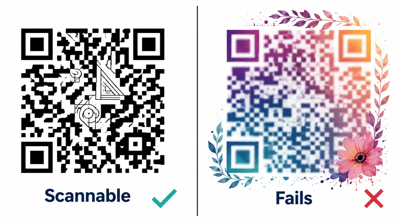 Split comparison: left shows a scannable QR code with intact finder squares and geometric line art in safe zones with a checkmark; right shows a failing QR code with gradient bleeding across finder squares and floral decoration crossing the quiet zone with an X mark