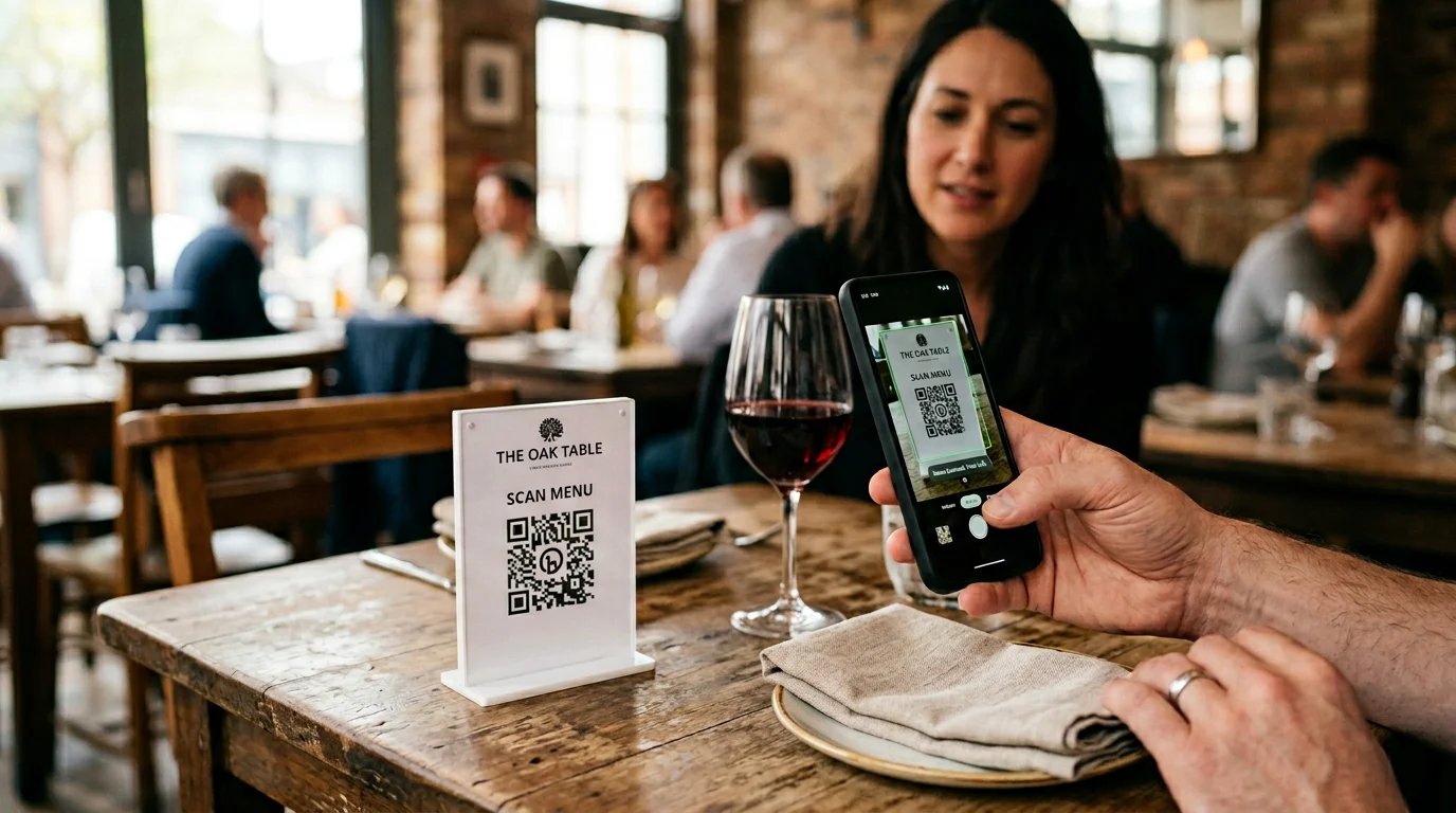 Mesa de restaurante con código QR impreso en portamenú, comensal escaneando con teléfono móvil