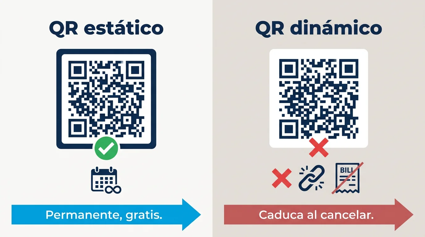 Comparativa de ciclo de vida: QR estático permanece activo de forma indefinida, QR dinámico de suscripción muere al cancelar el plan
