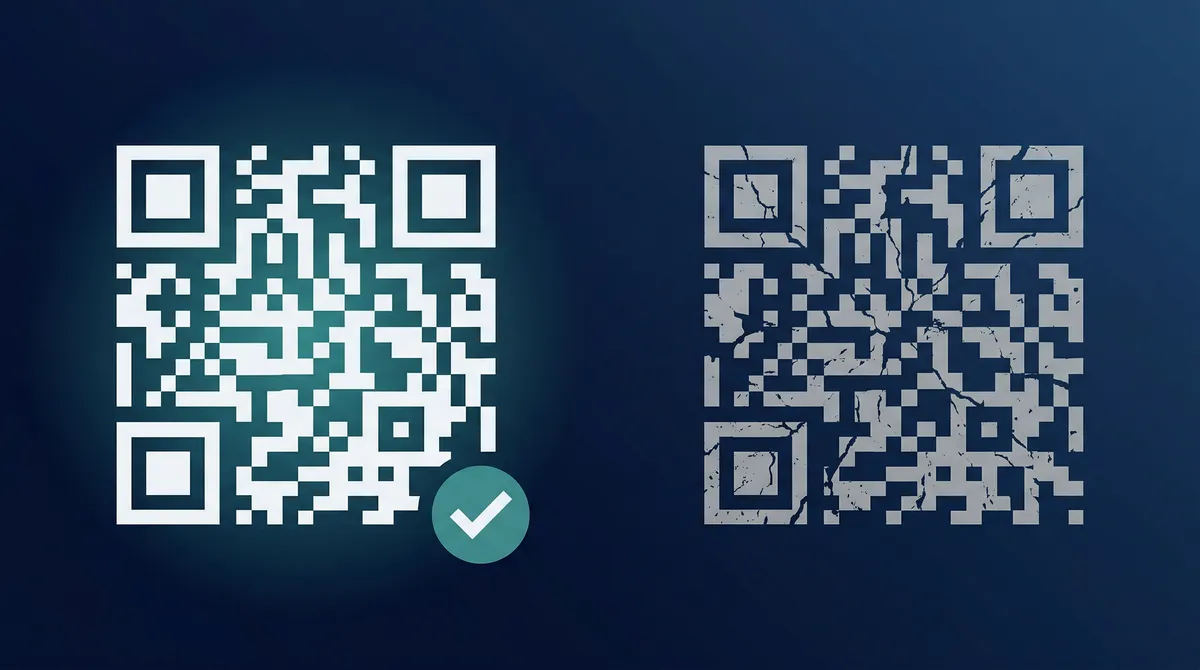 Two QR codes side by side, one active with green checkmark, one faded with expired stamp