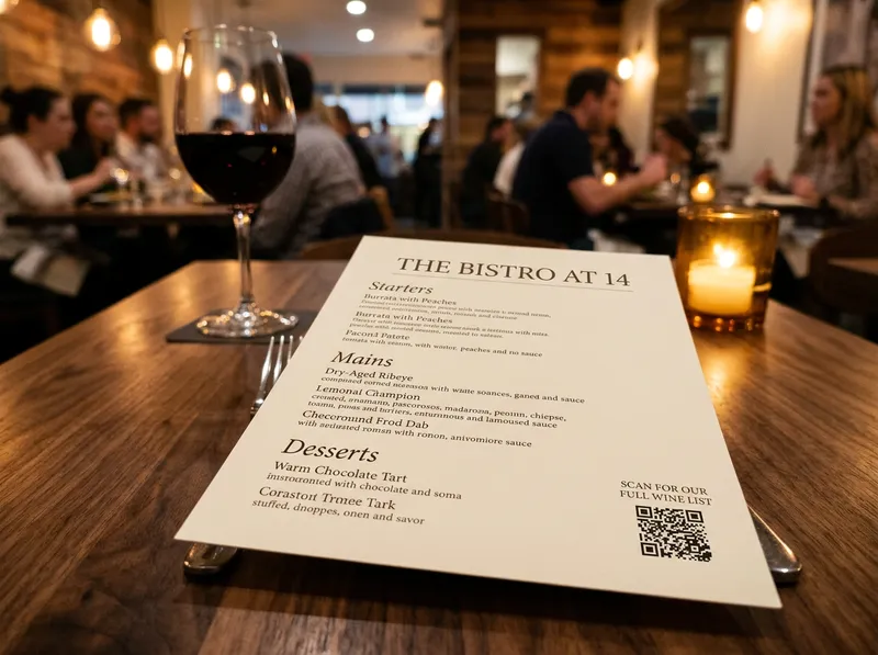 Printed restaurant menu with QR code on a wooden table, wine glass and candle in warm ambient lighting