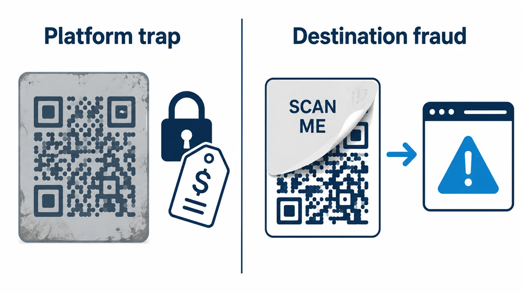 Comparaison : le piège de plateforme désactive un code imprimé ; la fraude de destination remplace par un faux autocollant vers une page malveillante