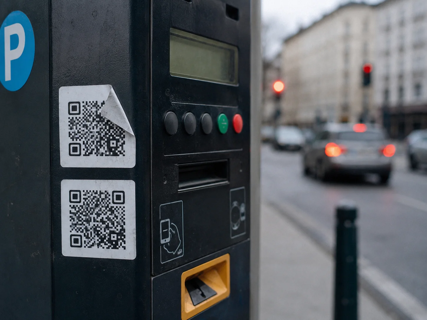 Horodateur avec un faux autocollant QR qui se décolle au coin par-dessus le code de paiement officiel