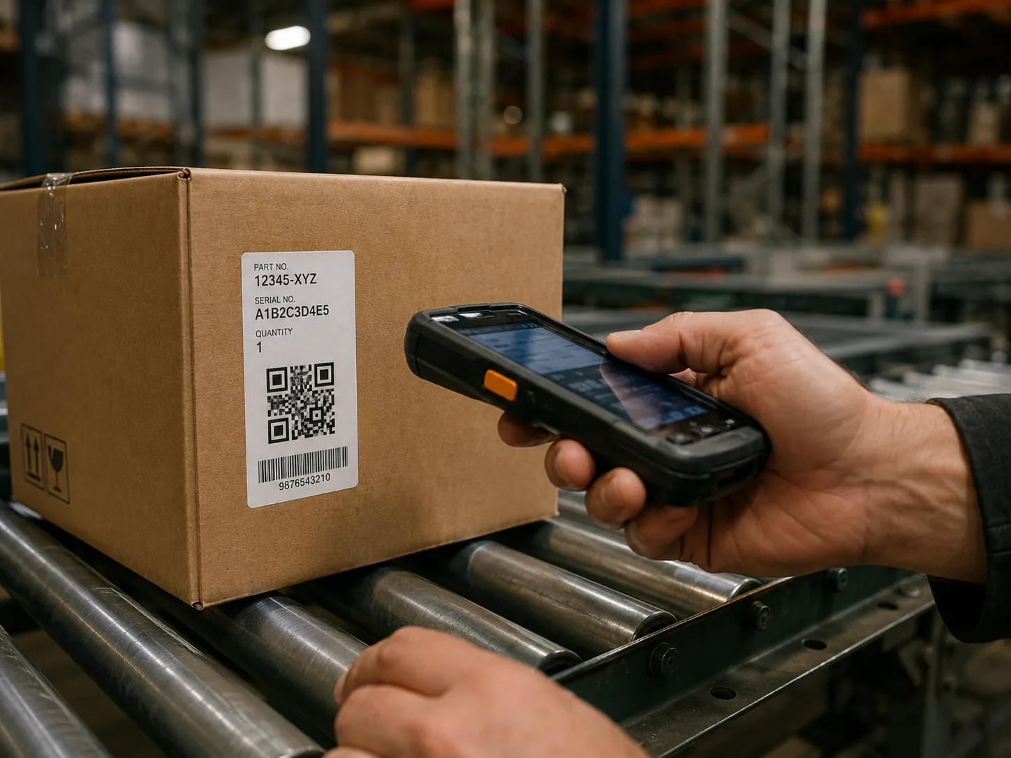 Producto físico con etiqueta de código QR en entorno de fabricación que muestra el flujo de trabajo de cumplimiento del DPP