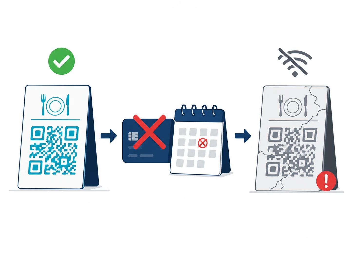 Schéma montrant ce qui arrive aux codes QR dynamiques lorsque les abonnements Flowcode ou QR Tiger sont annulés — les codes sont désactivés sur les supports imprimés