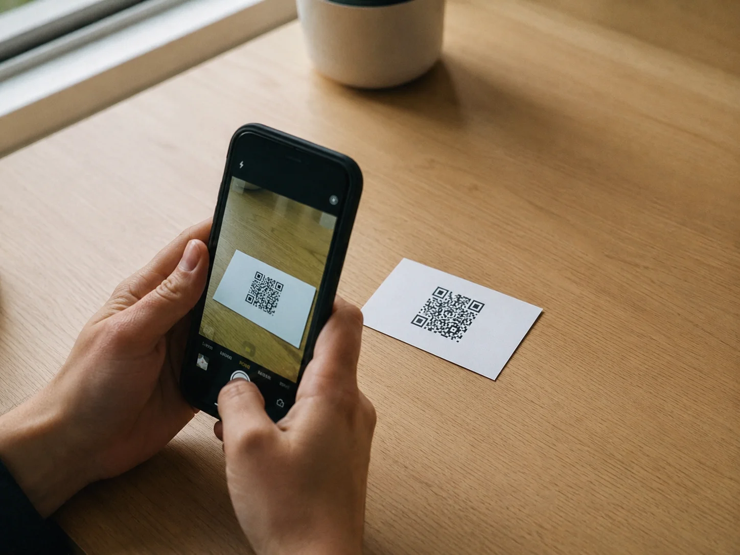 Hands scanning a QR code printed on a business card with a smartphone — no friction, no account required