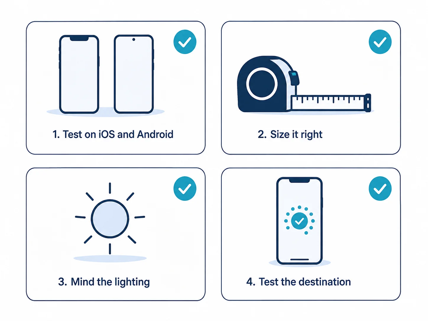 Checklist de testes para um código QR antes de imprimir, cobrindo dispositivo, distância, iluminação e destino