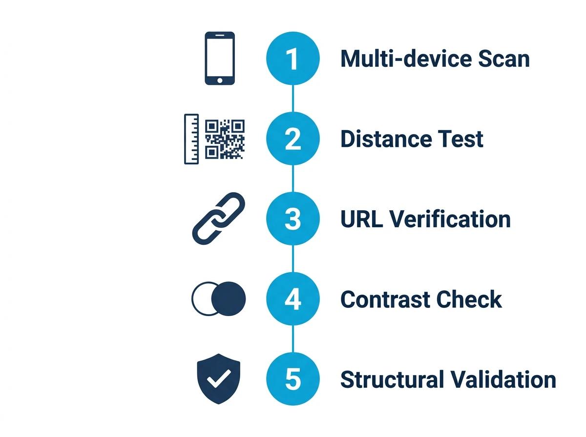 Checklist de 5 pasos para probar un código QR antes de imprimir: Escaneo Multidispositivo, Prueba de Distancia, Verificación de URL, Comprobación de Contraste, Validación Estructural