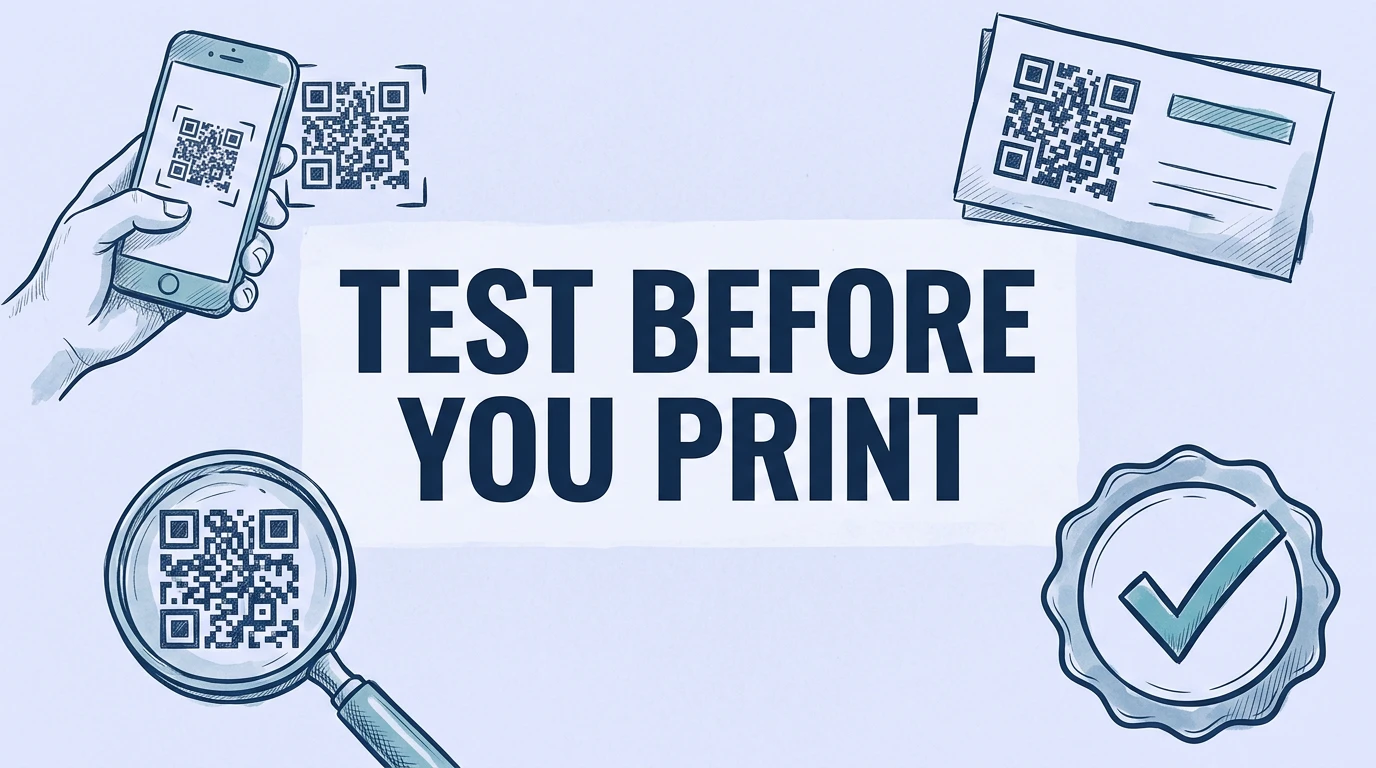 Ilustración de boceto a mano alzada que muestra un smartphone escaneando un código QR con el texto PRUEBA ANTES DE IMPRIMIR