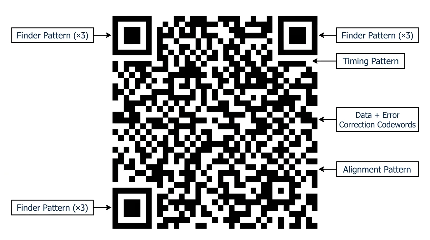 Annotated QR code diagram showing finder patterns (×3), timing pattern, alignment pattern, and data + error correction codewords regions