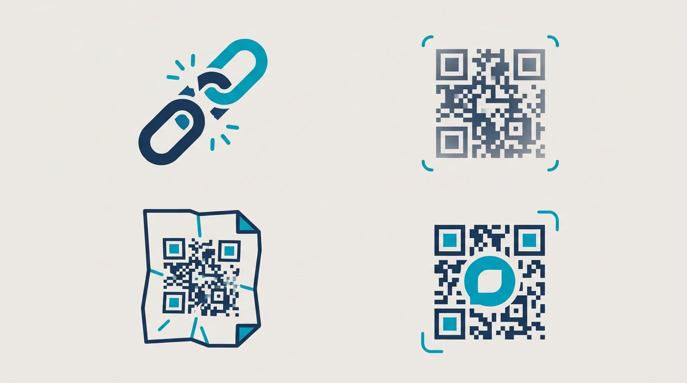 Diagram illustrating QR code physical failure modes: damage, low contrast, undersized print, and URL going dead