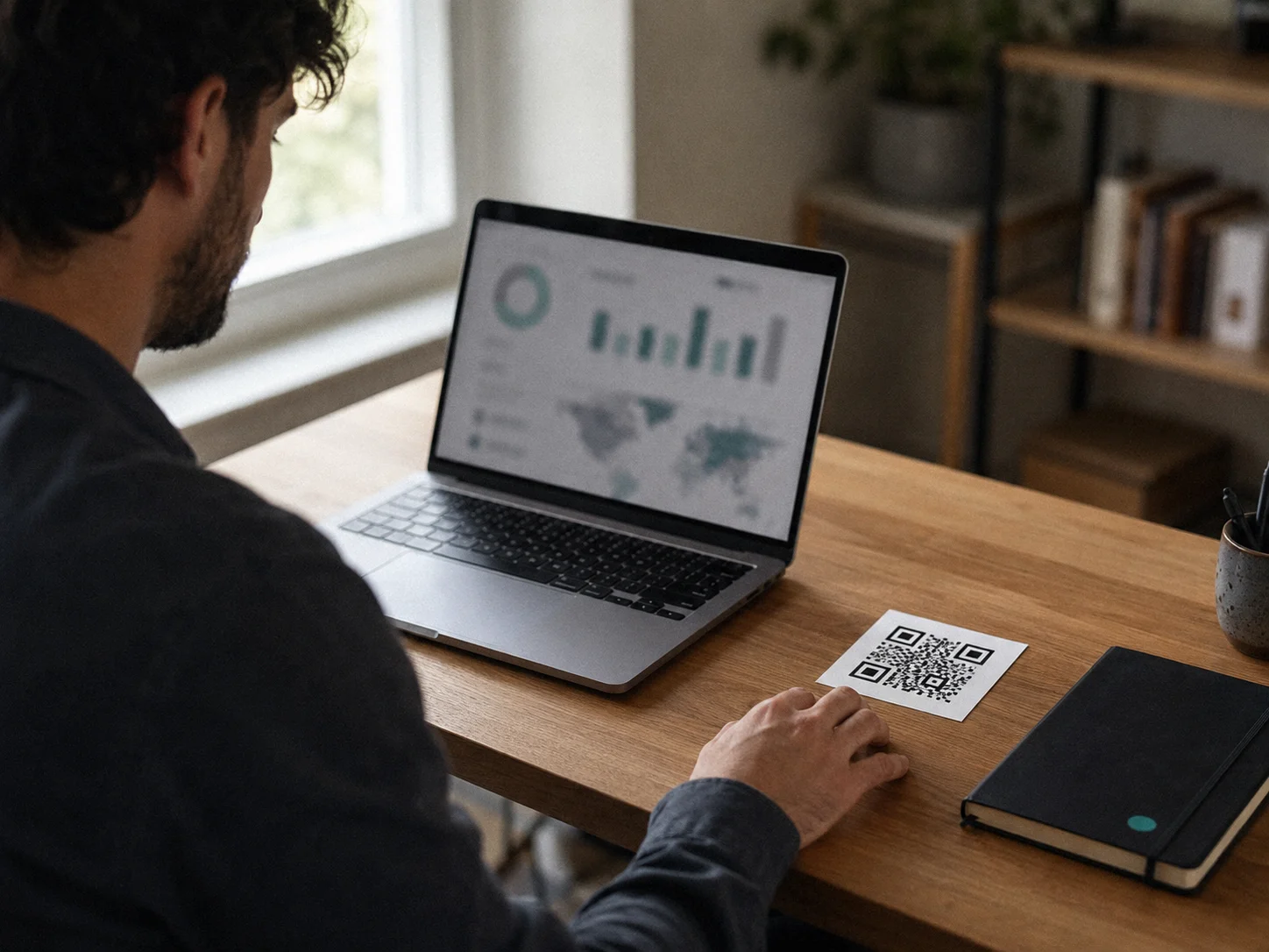 Person at a wooden desk reviewing a QR code scan analytics dashboard on a laptop, with a printed QR code card beside it