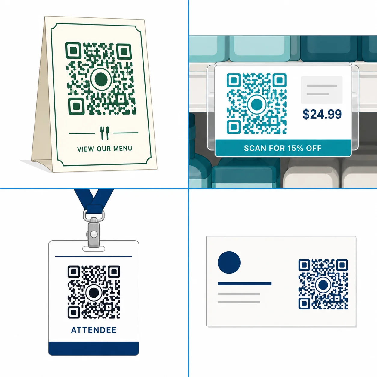 Four industry QR code examples side by side: restaurant menu card, retail sticker, event badge, and business card, each with branded colors and frame CTAs