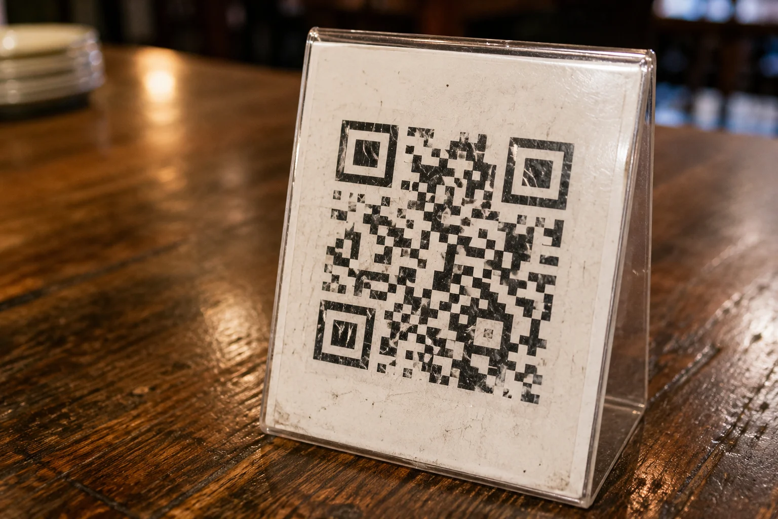 Photo of a scratched and smudged QR code on a restaurant table surface, illustrating real-world damage accumulation