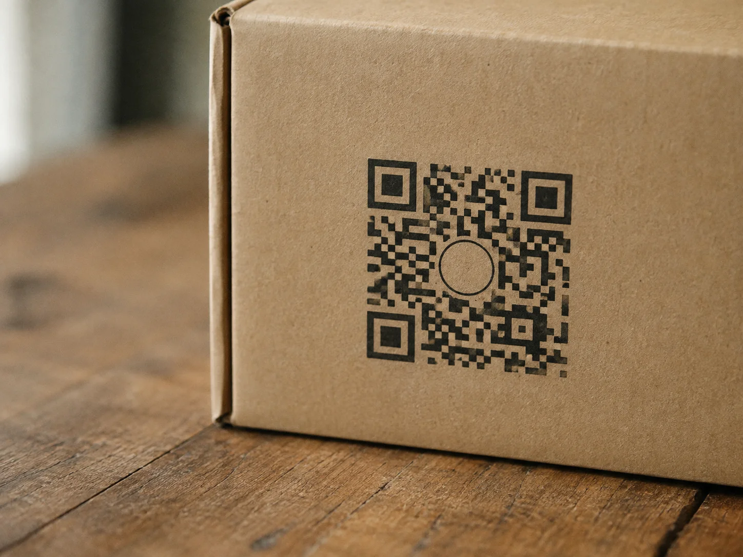 Código QR impreso con un logo circular centrado sobre un empaque de producto, ilustrando cómo un logo consume presupuesto de corrección de errores