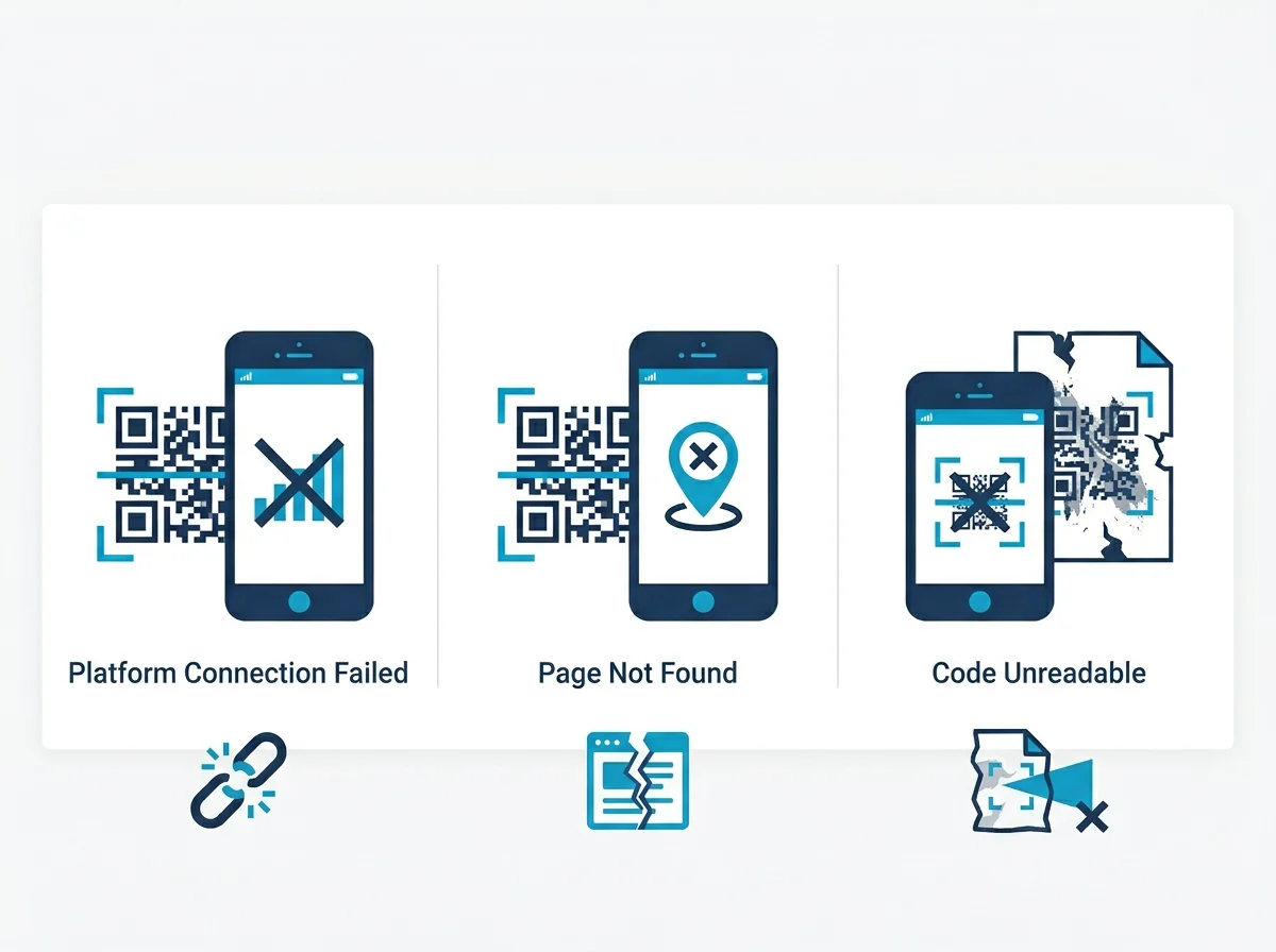 Flowchart showing how to diagnose an expired QR code by testing the decoded URL before reprinting