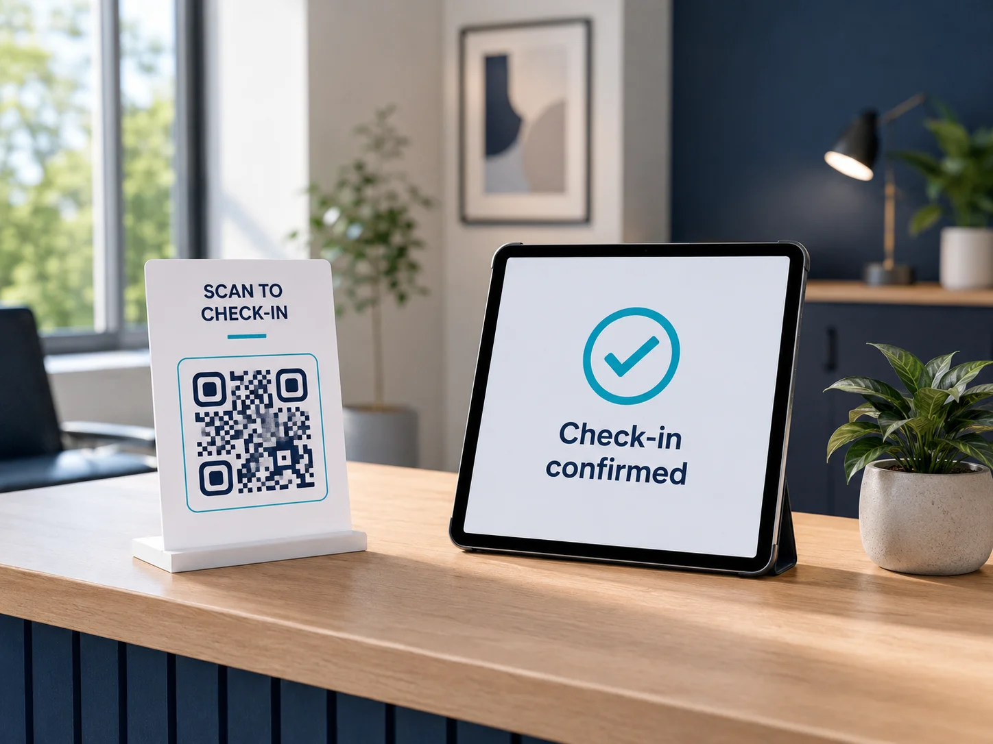 Point de check-in QR à l'entrée d'un bureau avec écran de confirmation montrant une vérification réussie
