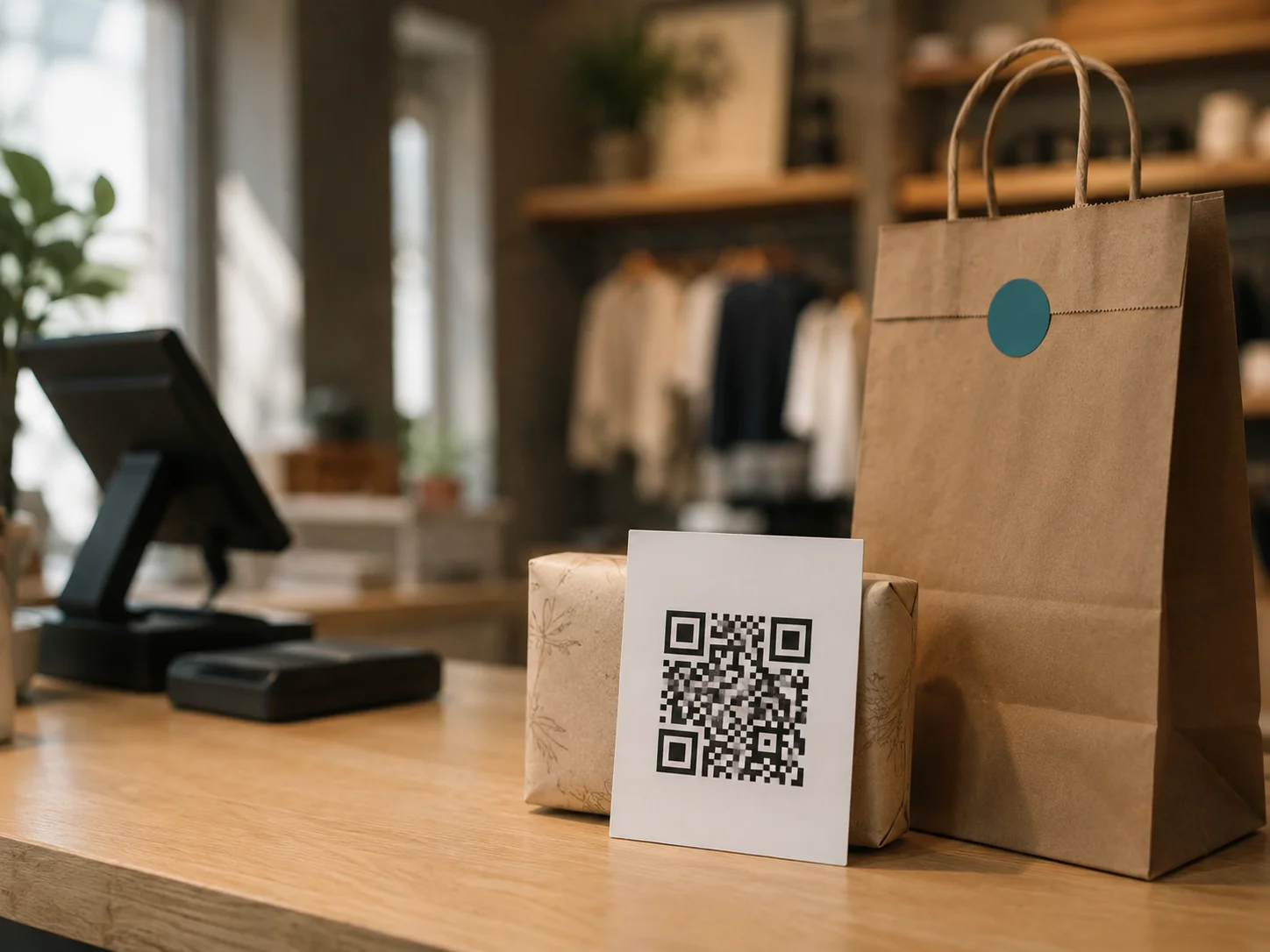 Retail counter with a printed coupon card showing a QR code next to a product and a shopping bag
