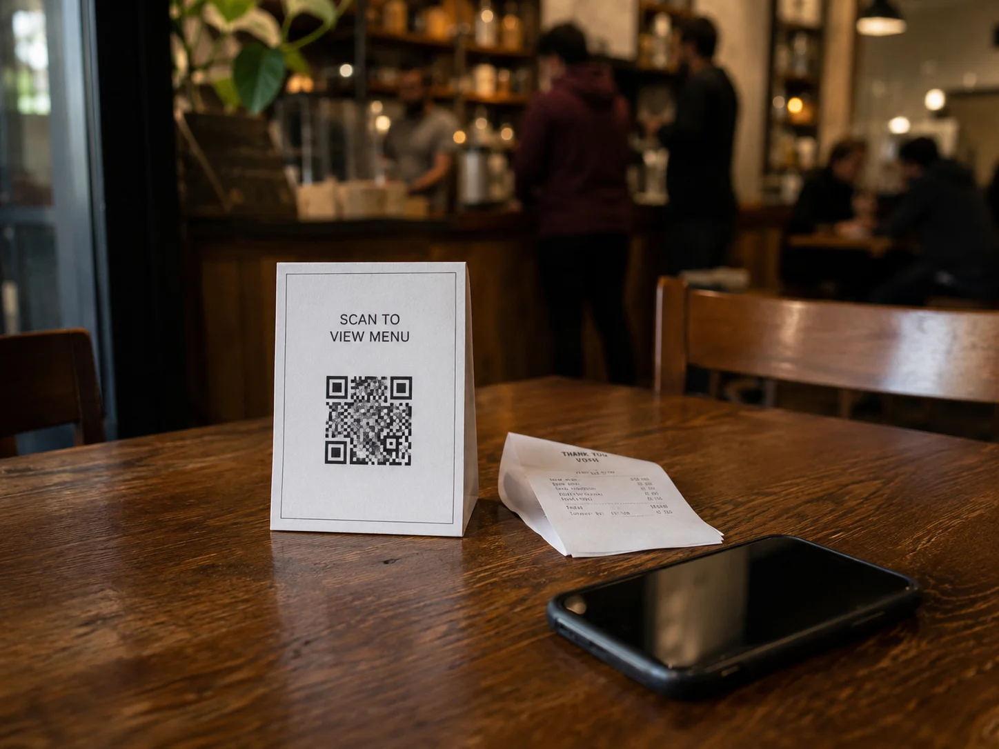 Mesa de restaurante con una tarjeta impresa pequeña que muestra un código QR de comentarios y un mensaje breve junto a un ticket y un móvil