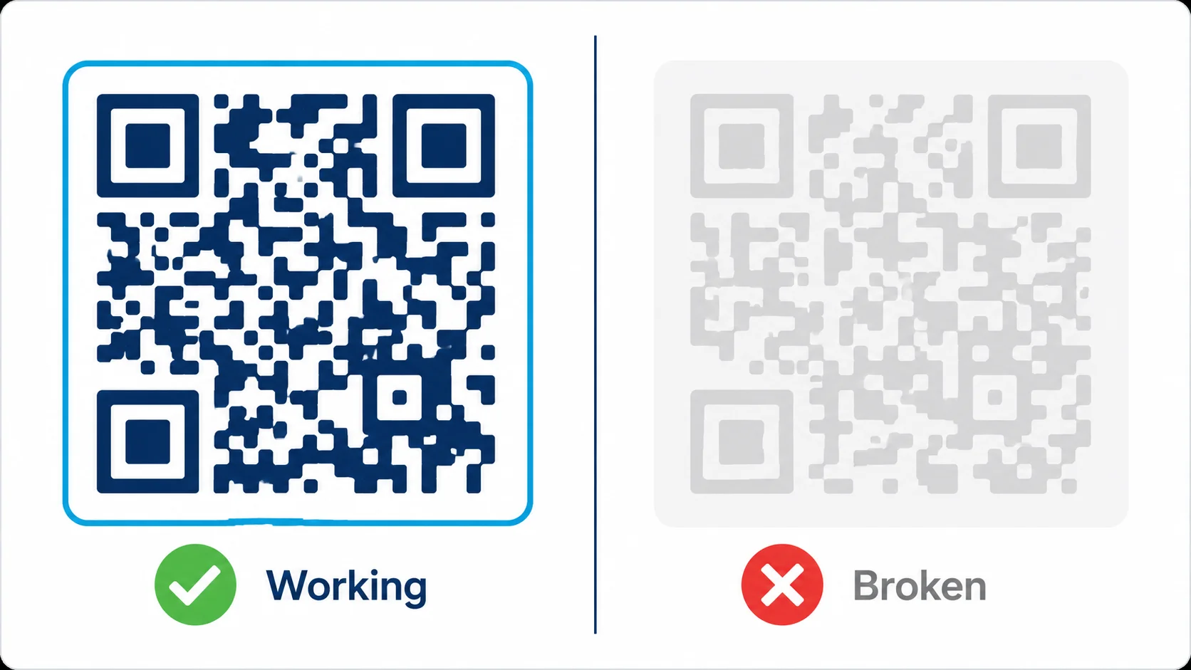 Side-by-side comparison: high-contrast working QR code vs low-contrast broken QR code on colored background