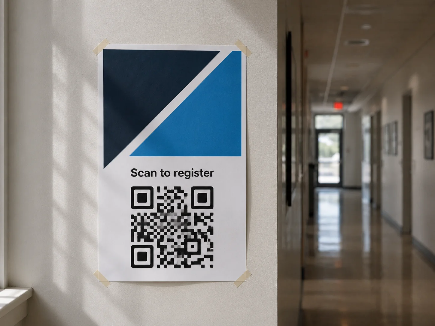 Une affiche d'événement imprimée sur un mur à hauteur des yeux avec un grand QR code et l'appel à l'action « Scannez pour vous inscrire »