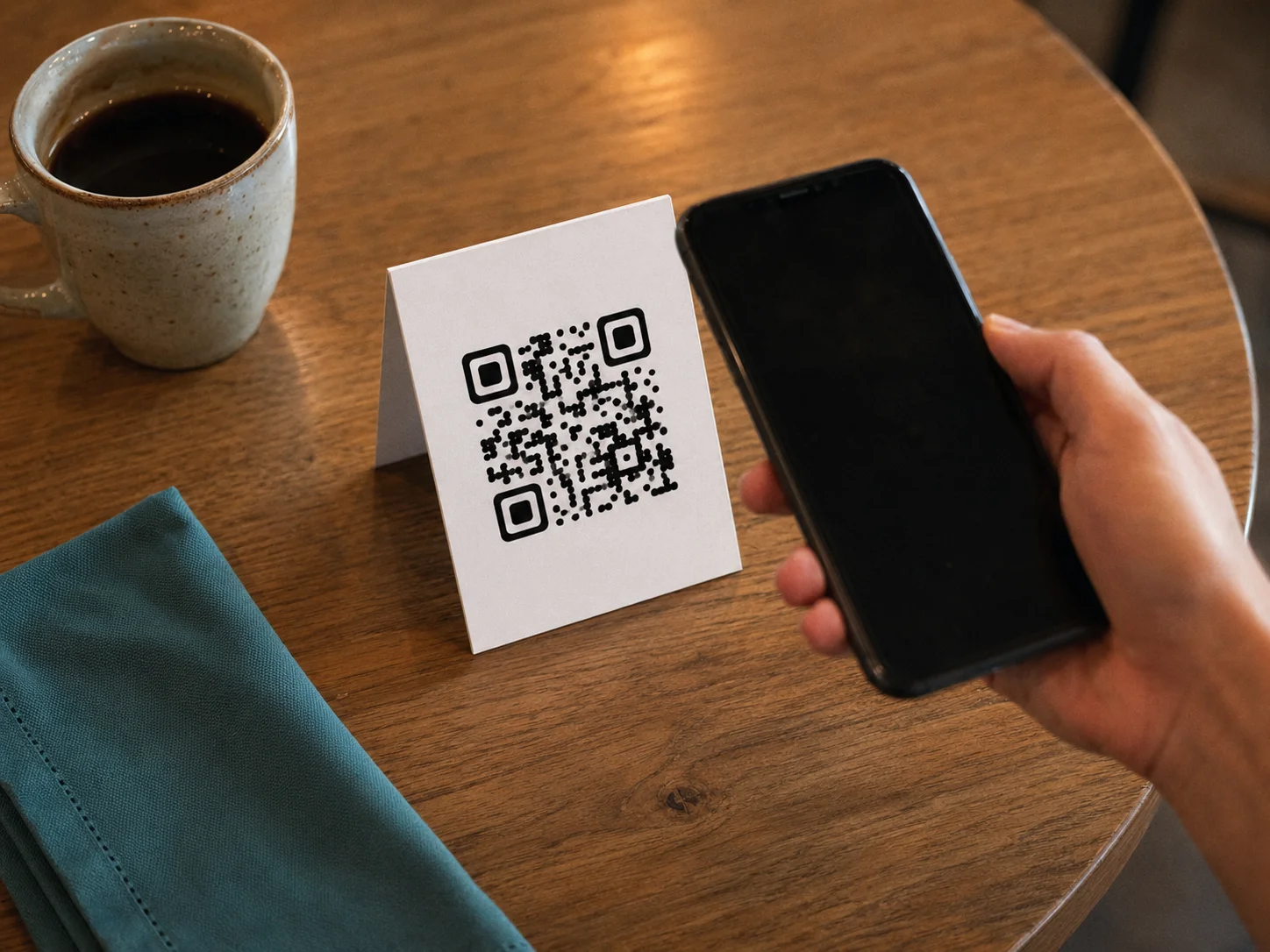 Top-down view of a restaurant table with a tent card displaying a QR code survey next to a coffee cup