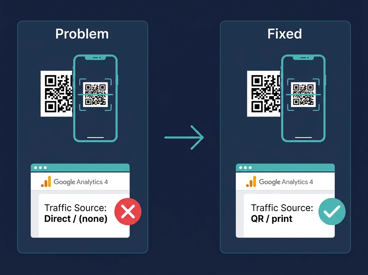 Three-stage QR attribution fix: Problem (no UTM → Direct in GA4), Fix (utm_source=qr → QR/print), Verify (custom channel group rule)