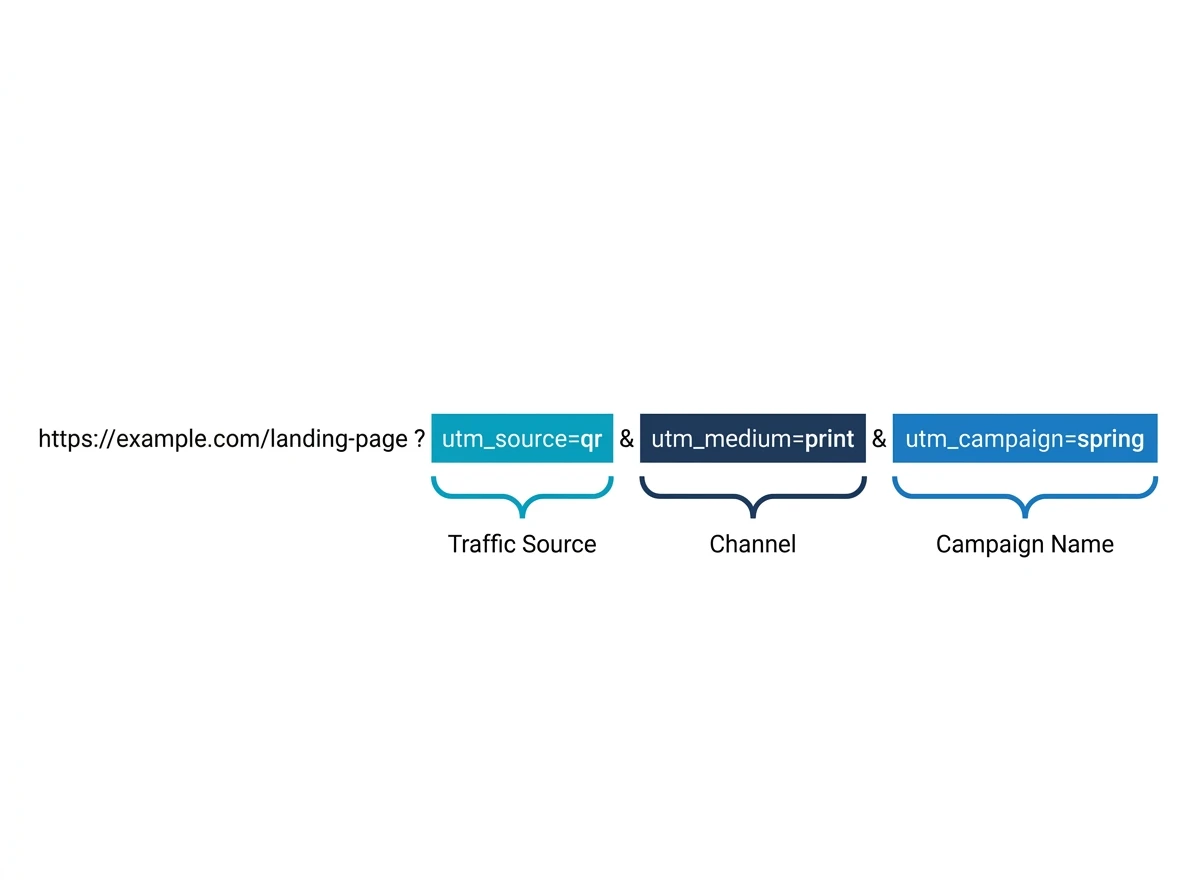 URL anatomy showing utm_source=qr (traffic source), utm_medium=print (channel), and utm_campaign=spring (campaign name) segments