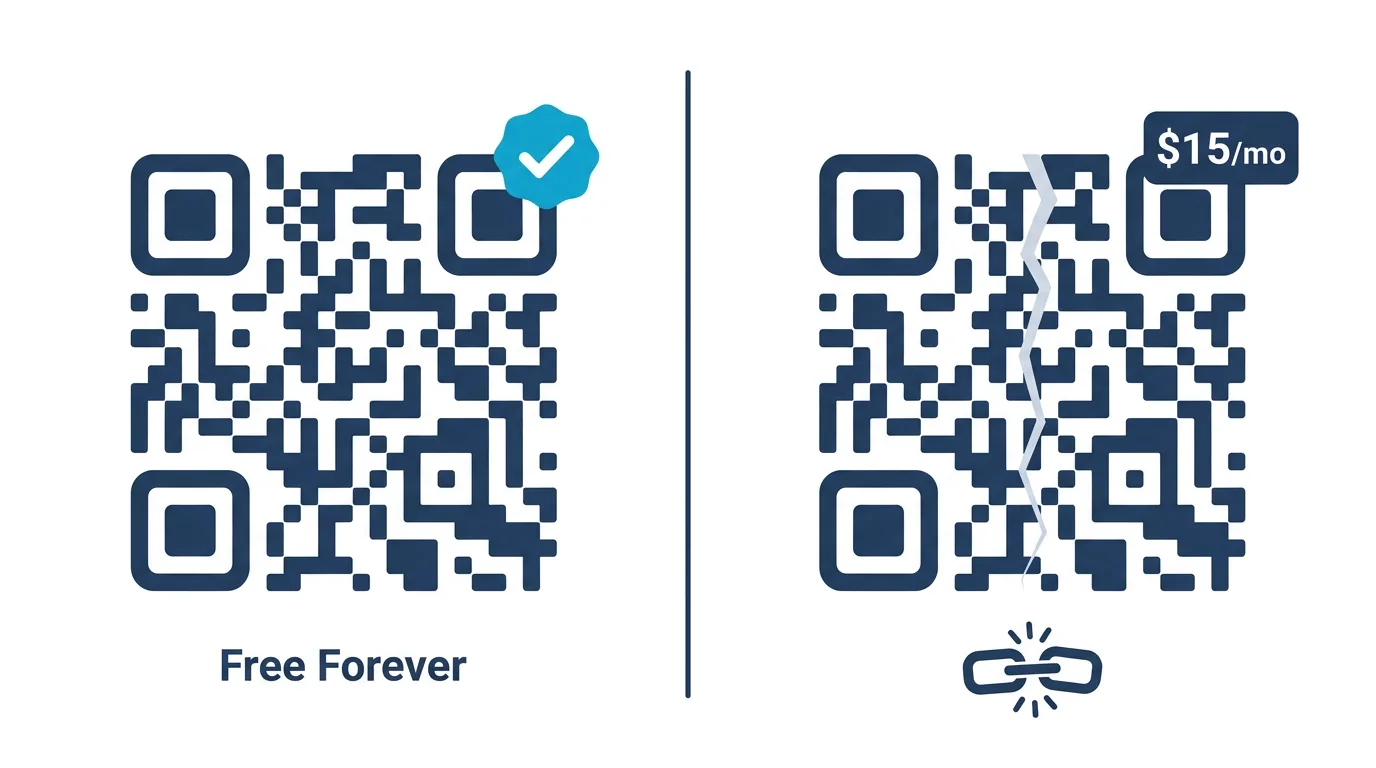 Side-by-side comparison of a permanent free static QR code versus a paid dynamic QR code that breaks when the subscription ends