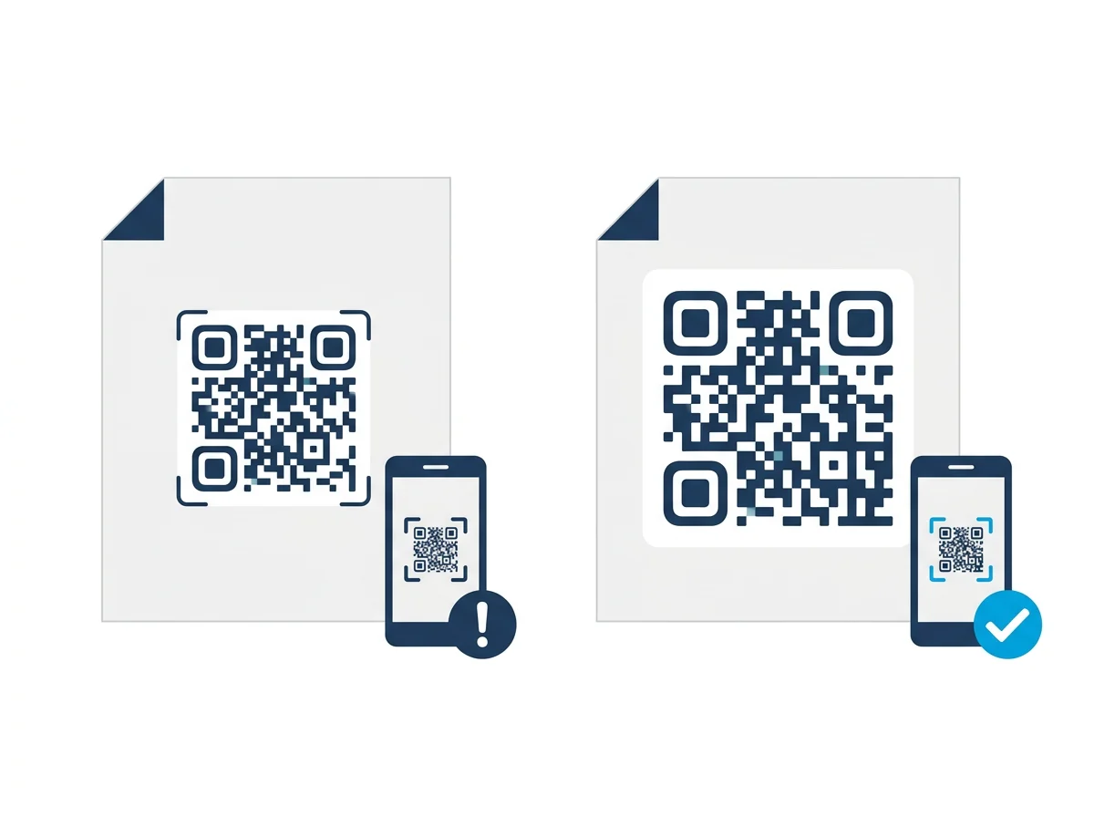 Comparación lado a lado entre un código QR demasiado pequeño y otro con tamaño correcto para escaneo fiable