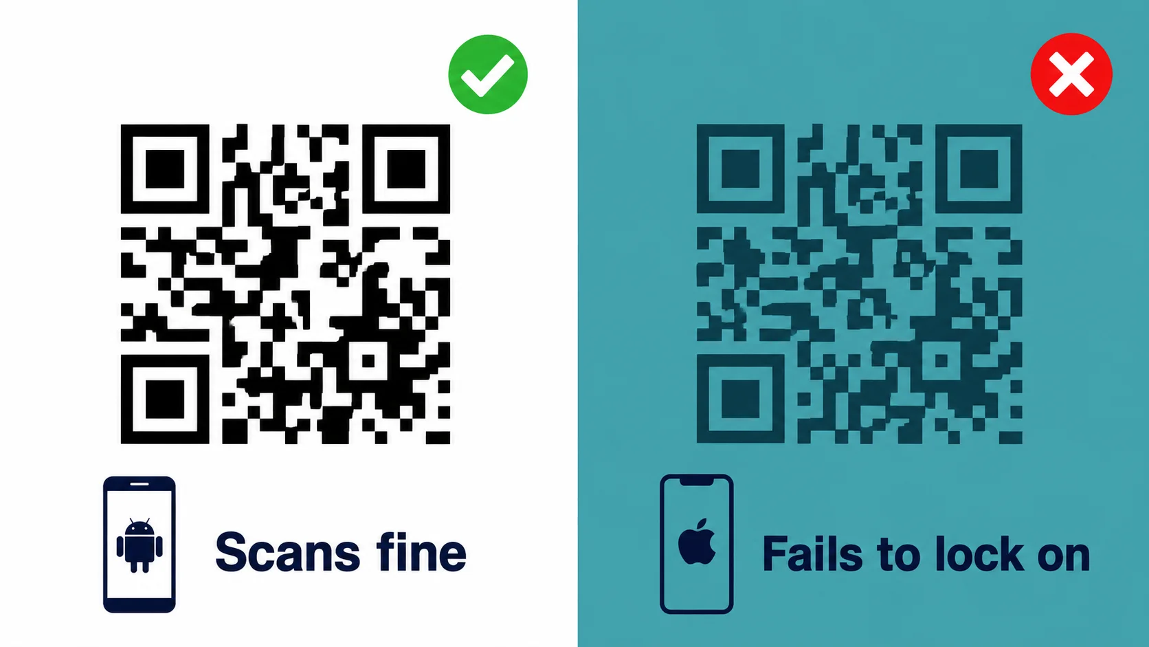 Comparativa de un código QR negro sobre blanco de alto contraste frente a un código QR de colores de bajo contraste, ilustrando por qué el iPhone falla donde Android funciona