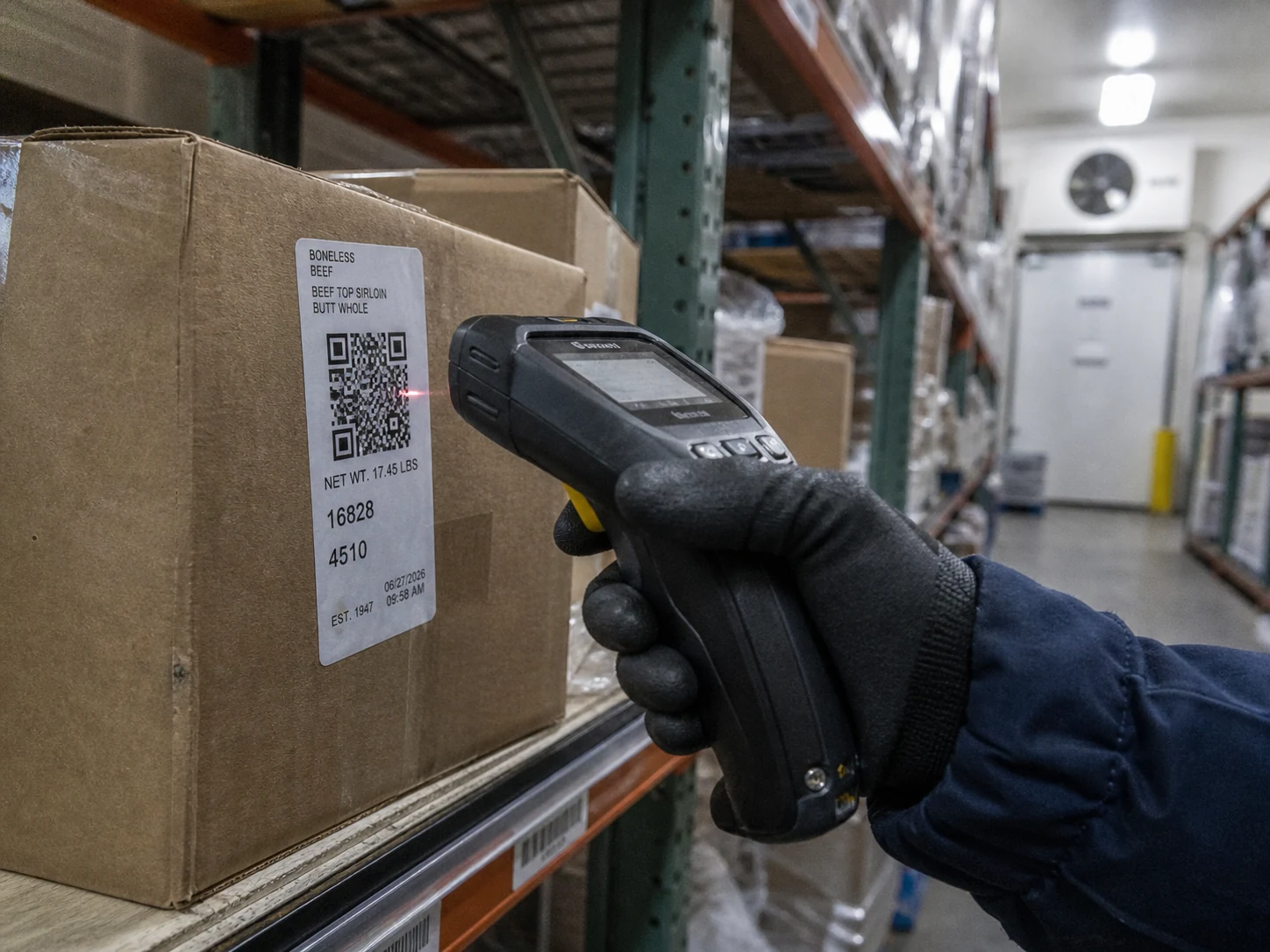 Warehouse worker scanning a QR code label on a shipping case with a handheld barcode scanner in a distribution center