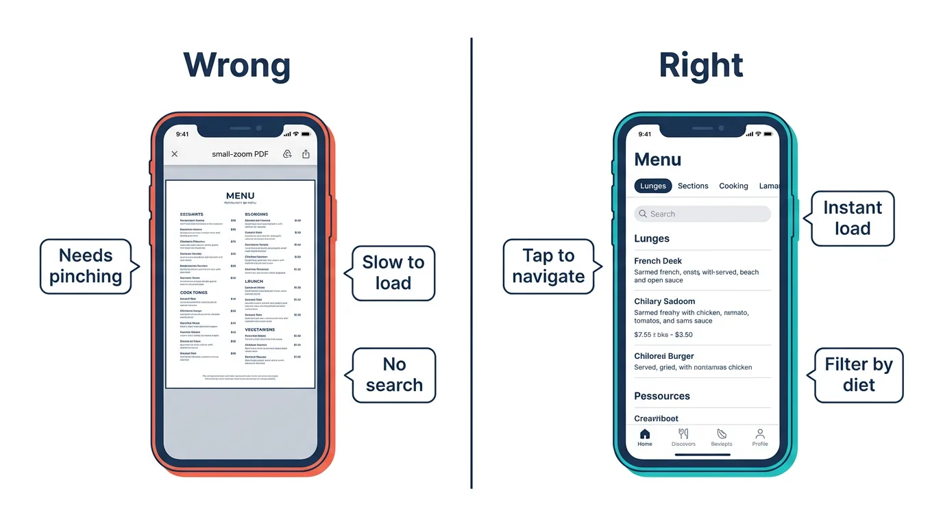 Comparison of wrong QR menu approach (PDF requiring pinching, slow load, no search) versus right approach (tap to navigate, instant load, filter by diet)