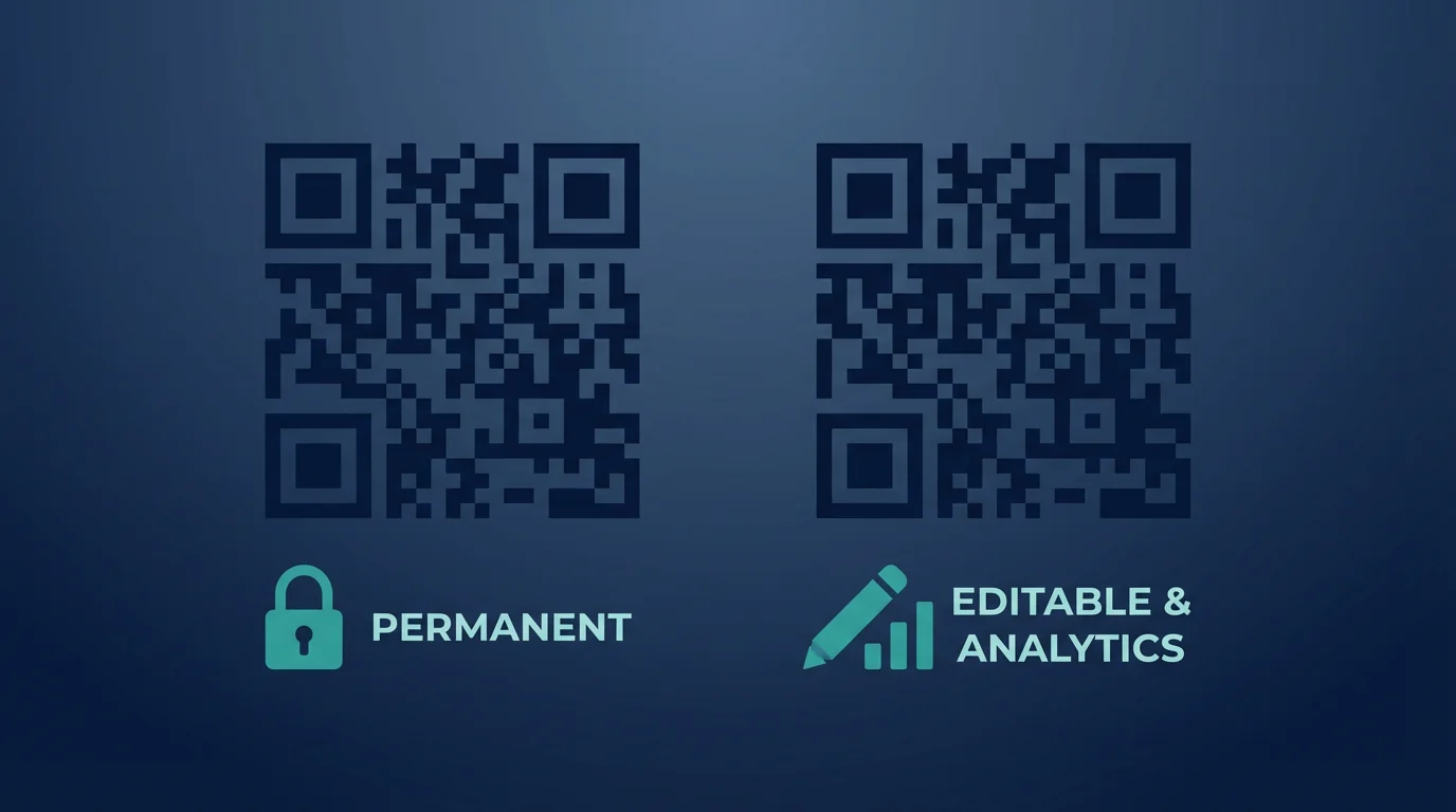 Dois QR codes lado a lado, código estático à esquerda com ícone de cadeado permanente, código dinâmico à direita com ícone de edição e análise