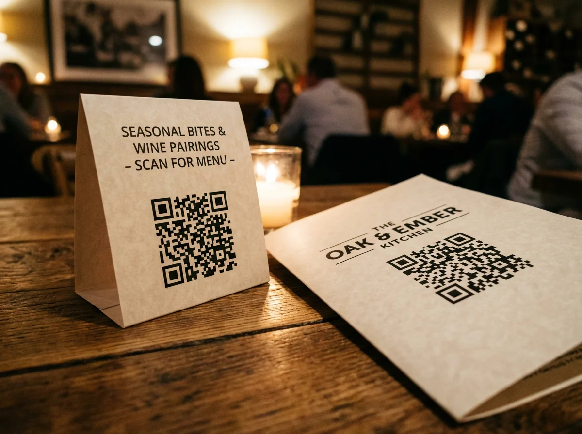 Cartões de mesa impressos para restaurante com QR codes sobre superfície de madeira, iluminação ambiente quente