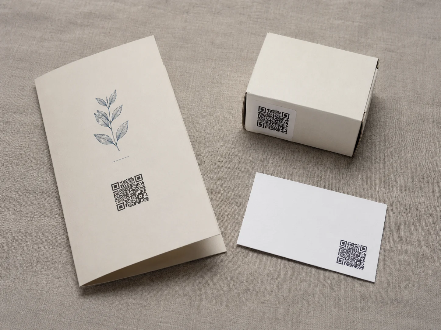 Flat-lay of physical print materials — menu, product box, business card — each showing a QR code