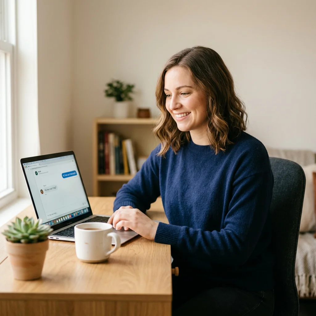 Friendly support person smiling while helping a customer on their laptop