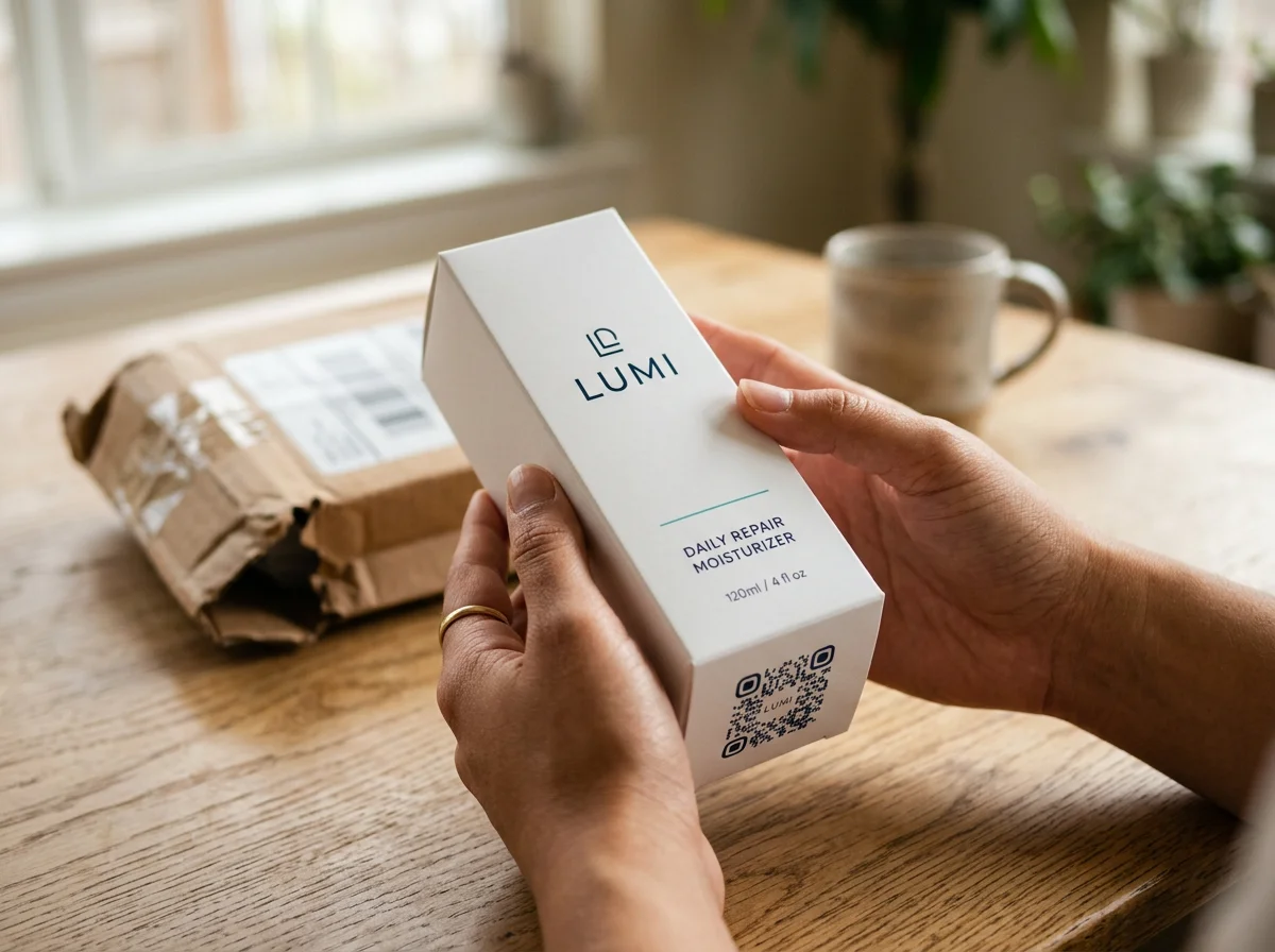 Hands holding product packaging with QR code