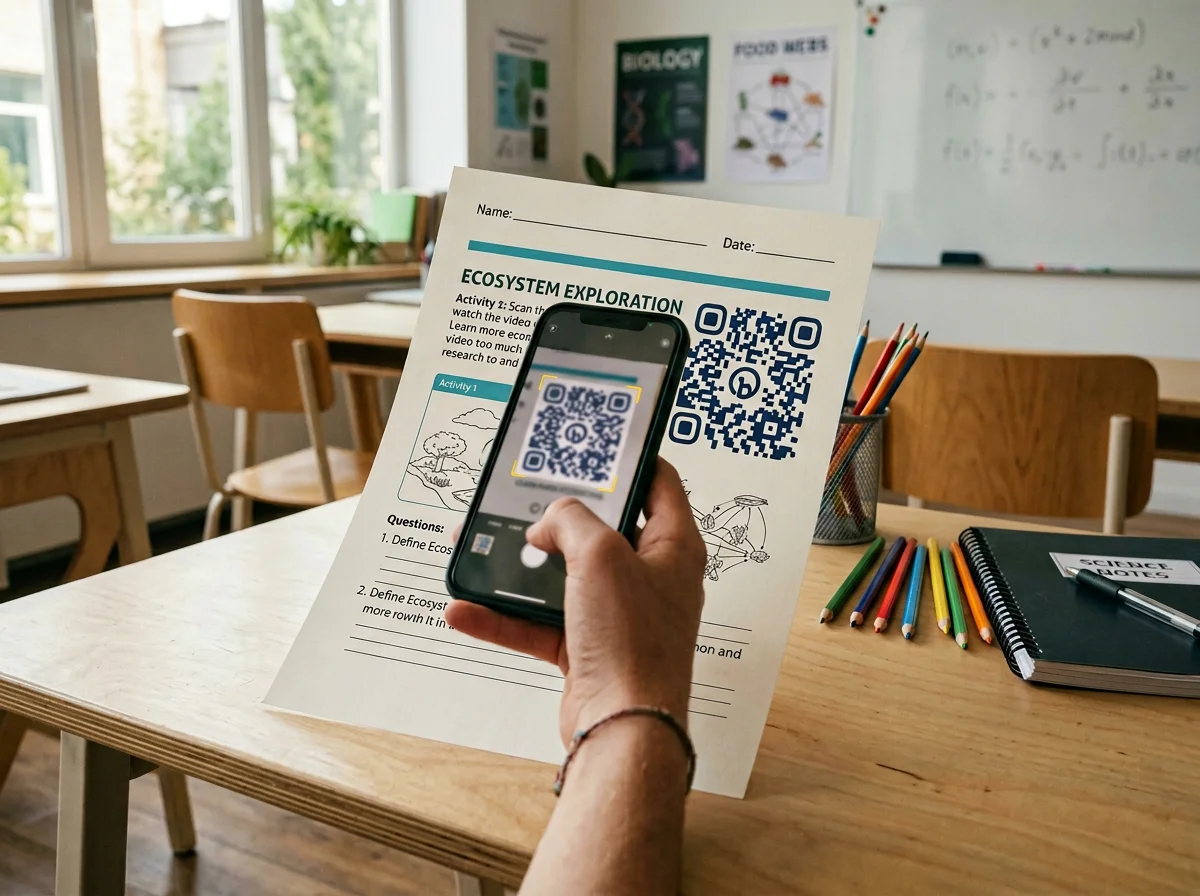 Student scanning QR code on a classroom worksheet