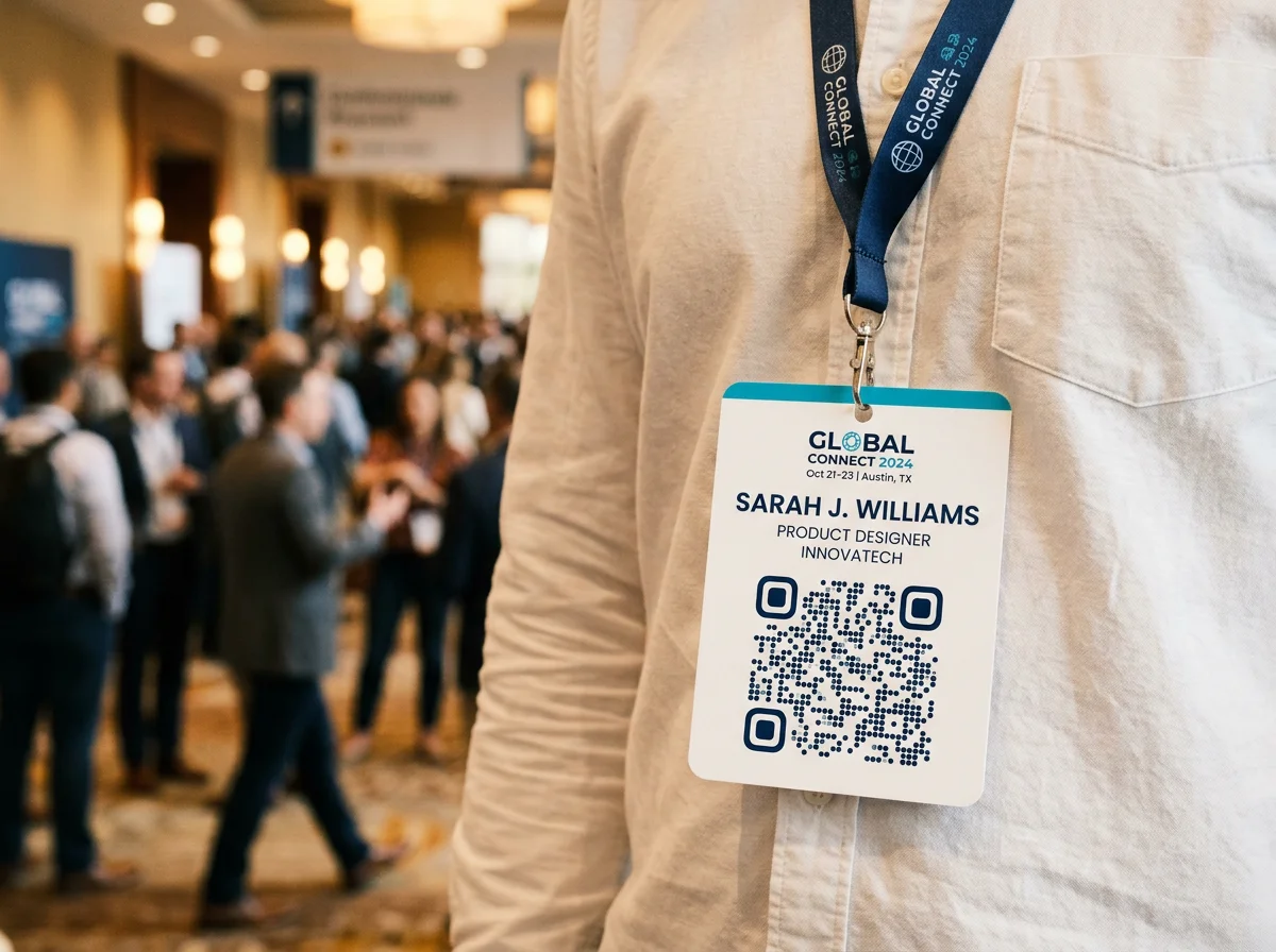 Conference badge with QR code hanging from a navy lanyard
