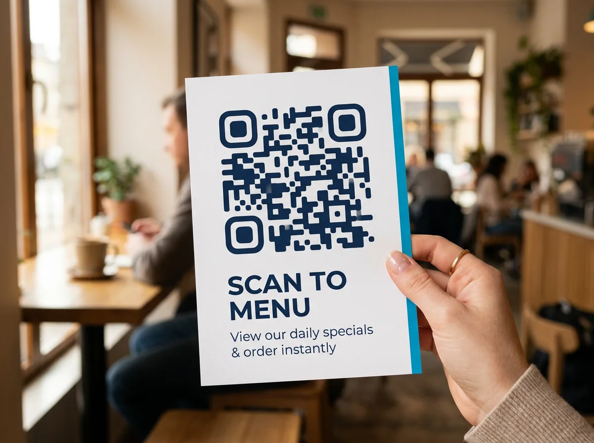 Hand holding a printed flyer with QR code in a cafe