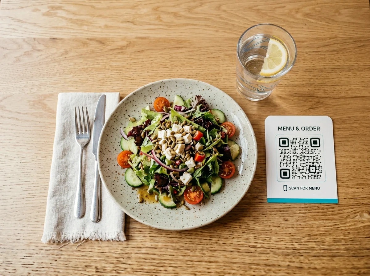 Restaurant table with QR code menu card next to a fresh salad